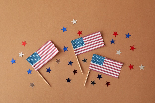 Top view on American flags and stars