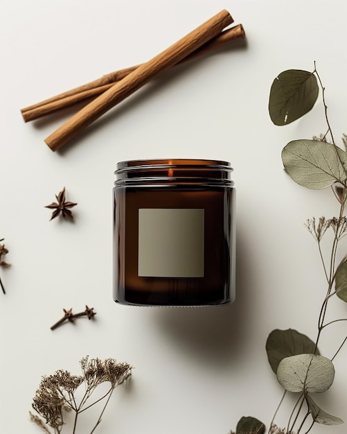 Photo top view angle brown candle jar with green label on cinnamon spices herbs and dry plants mockup