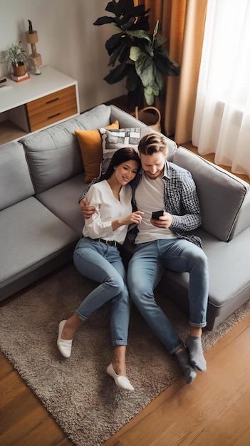 Top View Apartment Beautiful Couple Relaxing on a Carpet in the Living Room Using Smartphone