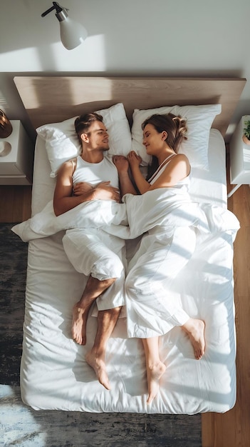 Photo top view apartment beautiful young couple sleeps in bed sun shines on them they look rested and