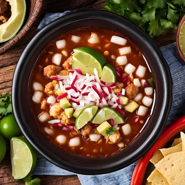 Top view on appetizing pozole bowl Generative AI