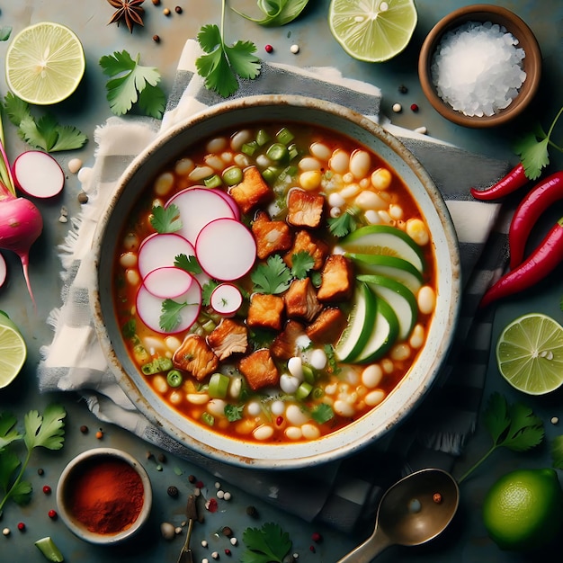 Top view on appetizing pozole bowl Generative AI