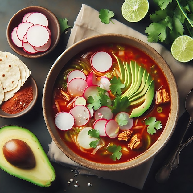 Top view on appetizing pozole bowl Generative AI