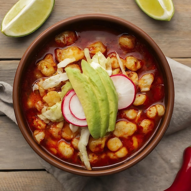 Top view on appetizing pozole bowl Generative AI