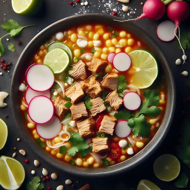 Top view on appetizing pozole bowl Generative AI