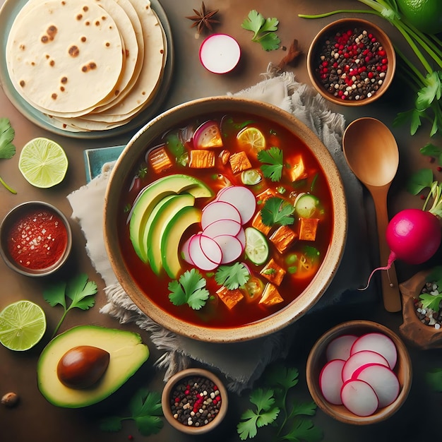 Top view on appetizing pozole bowl Generative AI