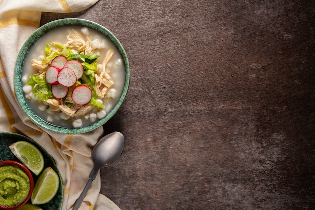 Top view on appetizing pozole bowl