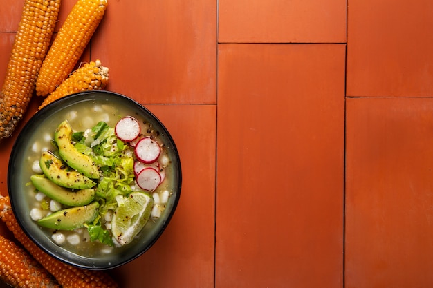 Top view on appetizing pozole bowl