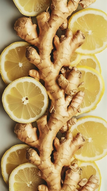 Top view aromatic ginger with lemon slices