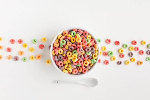 Top view arrangement of colorful cereal