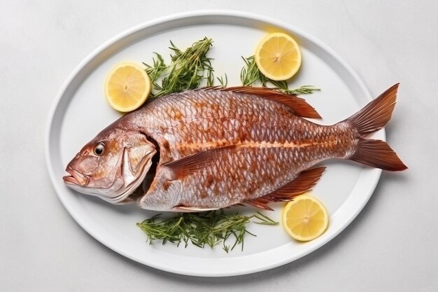 Top view arrangement with delicious fish on white plate