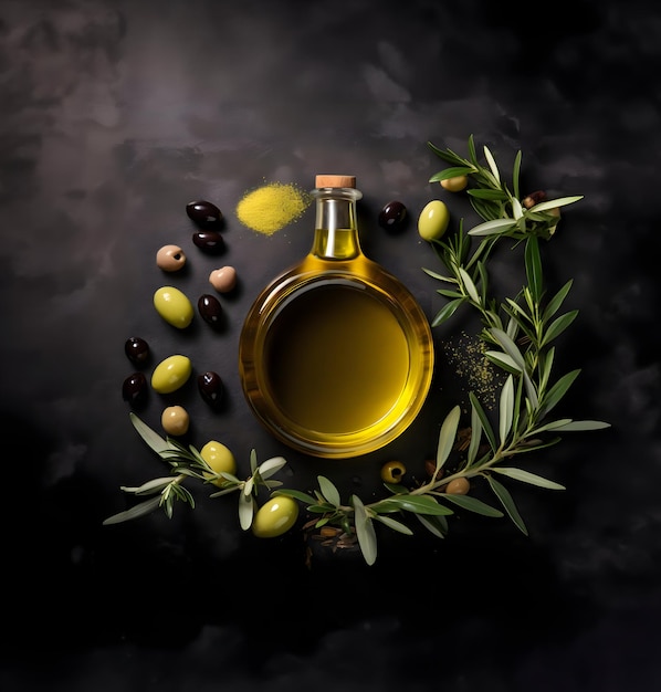 Top view arrangement with olive oil and leaves High resolution