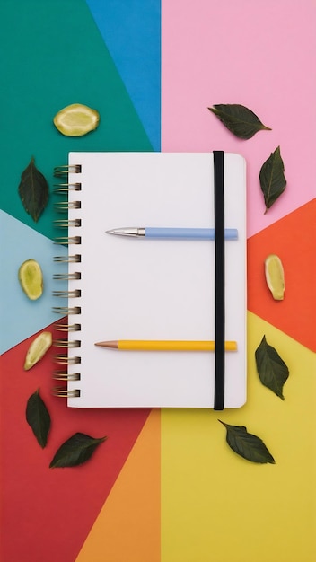 Top view arrangement with white notebook and colorful background