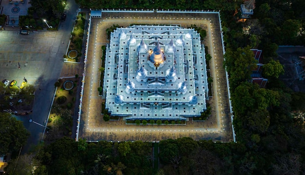 Top view Asokaram Temple Samut Prakan Thailand twilight night Province Important old temple white pagoda