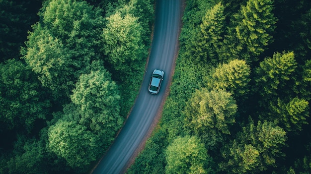 Top view of the asphalt road and dense green forests Beautiful landscape photography with drone