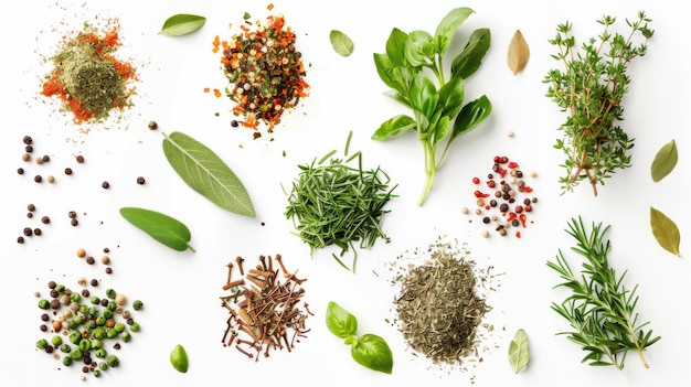 Photo top view of assorted herbs and spices isolated on a white background perfect for