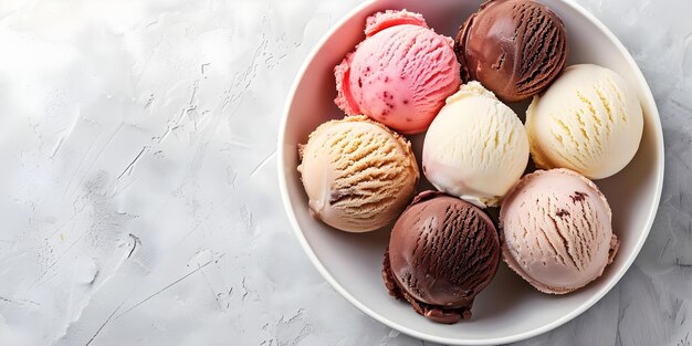 Top view of assorted ice cream scoops in white bowl on isolated background Concept Food Photography Desserts Ice Cream Top View Presentation