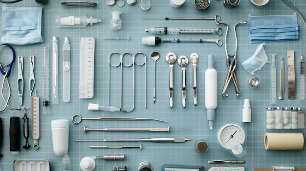 Photo top view of assorted medical tools and supplies arranged neatly on a blue background