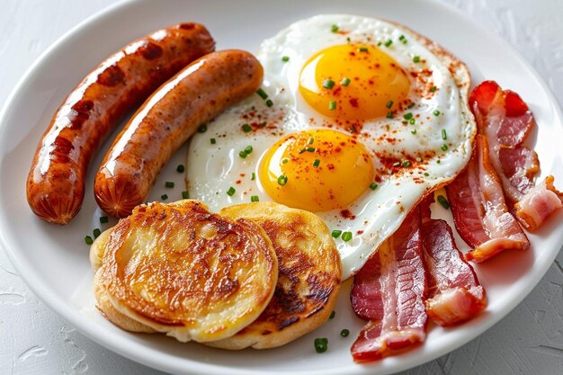 Top view of assortment of breakfast food with egg and sausages