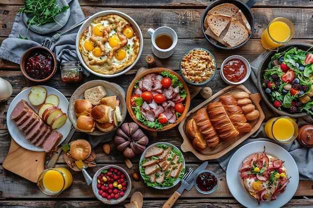 Top view of assortment of breakfast food with egg and sausages