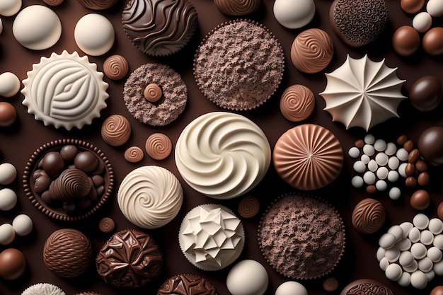 top view Assortment of fine chocolate candies, white, dark, and milk chocolate Sweets background.