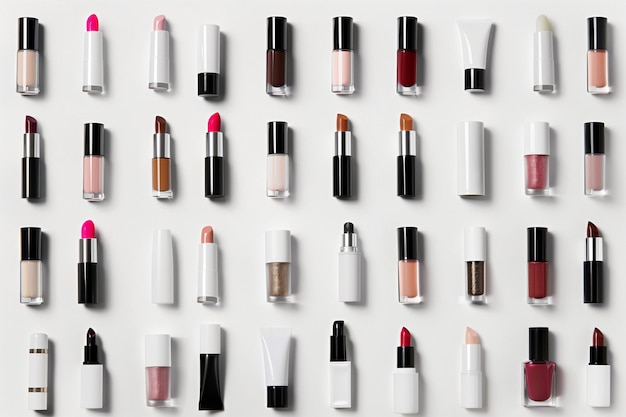 Top view assortment of lipsticks in various shades and finishes