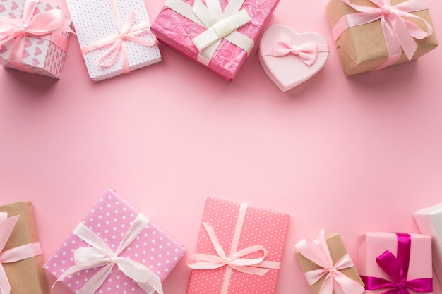 Top view of assortment of pink gifts