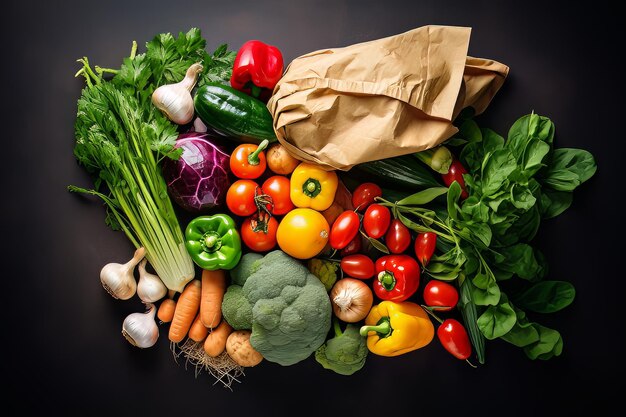 Top view of assortment of vegetables in paper background