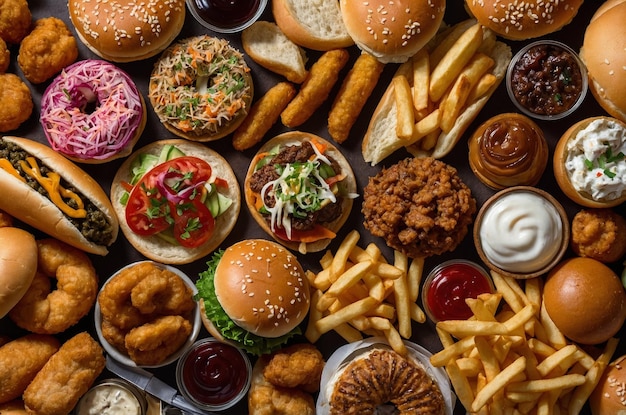 Photo top view assortment with fast food