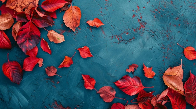 top view of Autumn background with colored red leaves on blue slate background Generative Ai