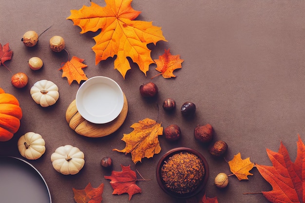 Top view of autumn flat lay pumpkins and dried leaves harvest and Thanksgiving theme with copy space mockup style 3d render design