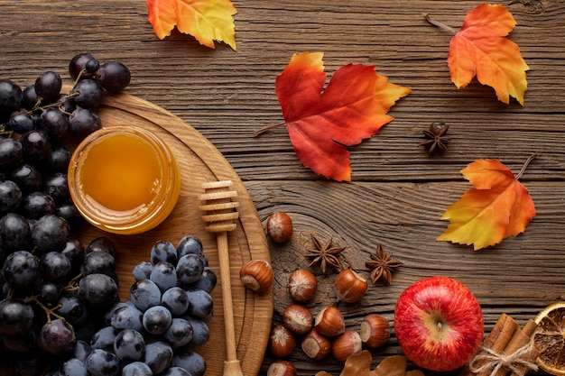 Top view autumn leaves and food