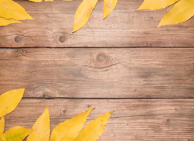 Top view of autumn leaves on wooden textured background horizontally. Space for text in the center