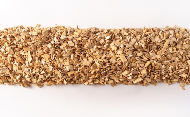 Top view of the background made of wood wood texture chips on white background