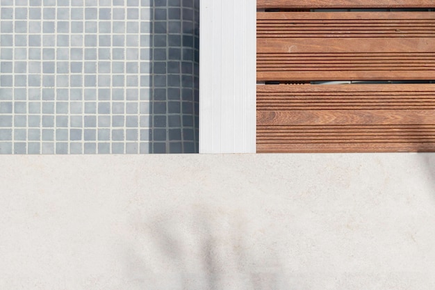 Top view of background and texture of grey tiling and wooden flooring with copy space