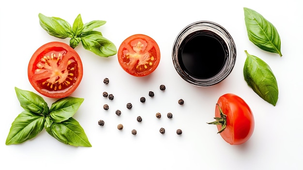 Photo top view of balsamic vinegar alongside cut tomatoes fresh basil and peppercorns isolated on white ideal for food styling