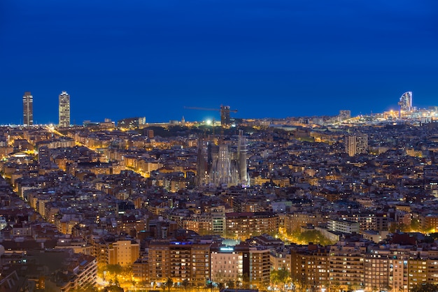 Top view of Barcelona city skyline during evening in Barcelona, Catalonia, Spain.