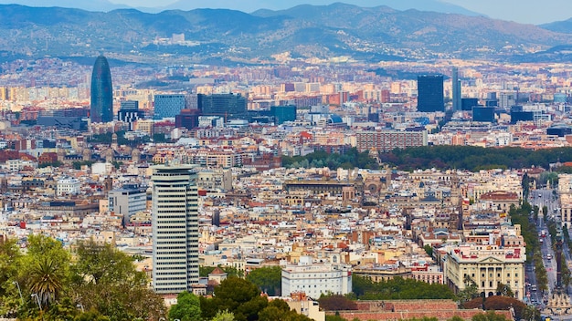 Top view of Barcelona from Montjuic hill in cloudy day Catalonia