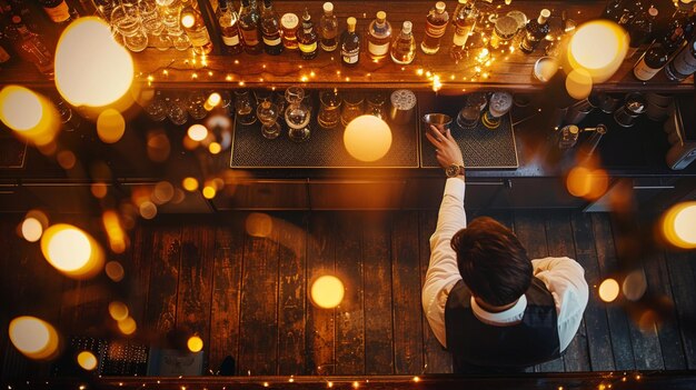 Photo top view of a barman shaking a shaker on the bar showing his skills pub background yellow lights