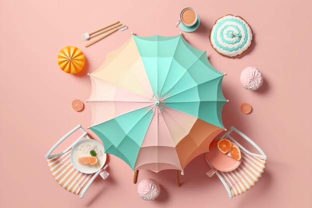 Top view Beach umbrella with chairs on pastel pink background summer vacation concept AI Generation