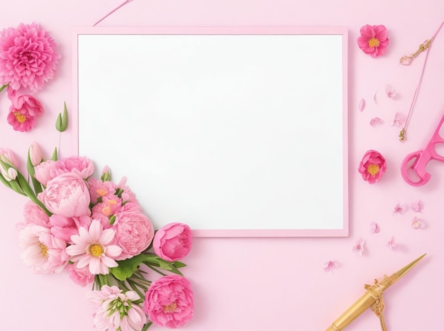 Top view of beautiful arrangement of pink flowers Arrangement of roses on blank paper with a light