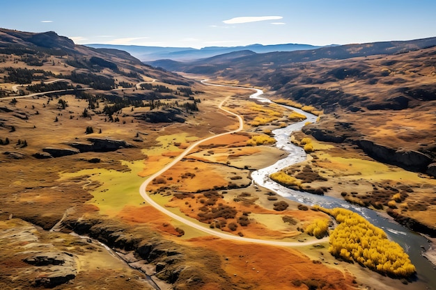 Top view of the beautiful autumn rocky landscape of the river road and forest in autumn