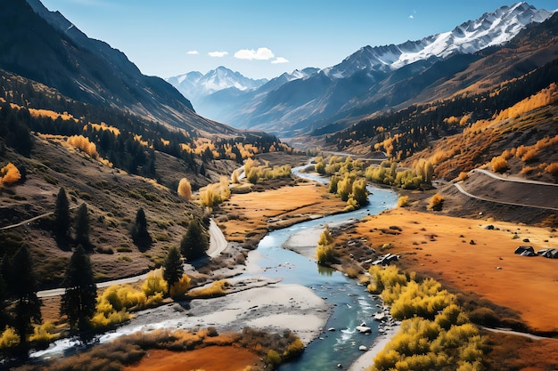 Top view of the beautiful autumn rocky landscape of the river road and forest in autumn