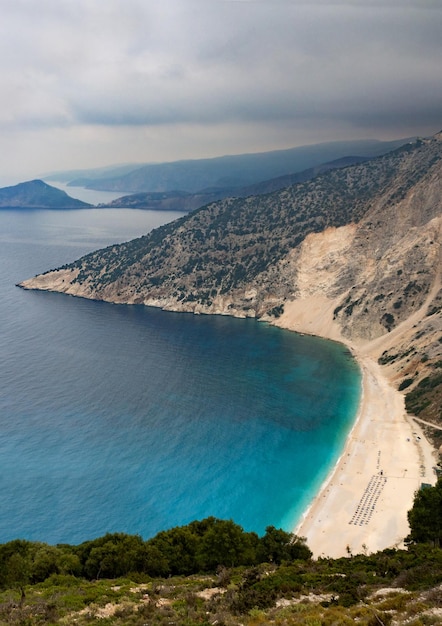 Top view on Beautiful Myrtos beach with turquoise water of Kefalonia in the Ionian Sea in Greece