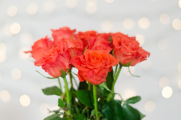 Top view of beautiful red roses bouquet against white background with bokeh. Greeting card. 8 March.