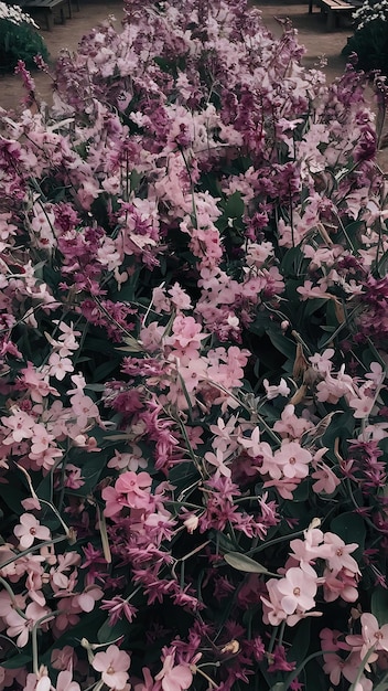 Top view of beautiful tender pink and purple flowers