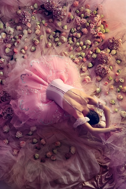 Top view of beautiful young woman in pink ballet tutu surrounded by flowers