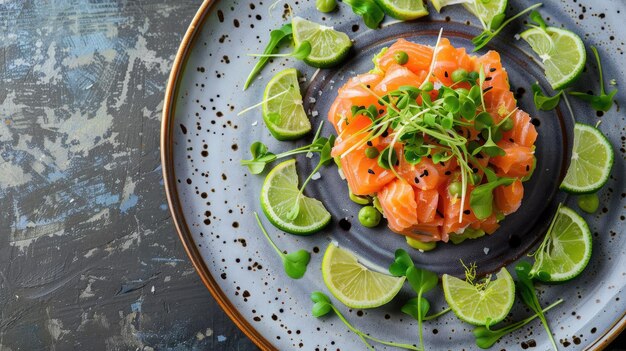 Top view of a beautifully arranged salmon and avocado tartare with lime zest and microgreens on a stylish plate Perfect for gourmet and elegant dining themes