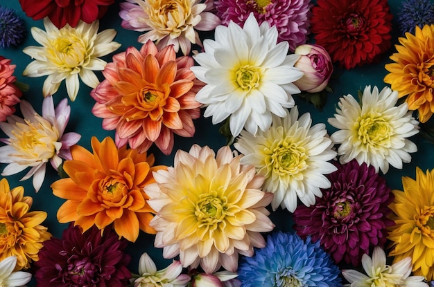 Top view of beautifully colored flowers with copy space