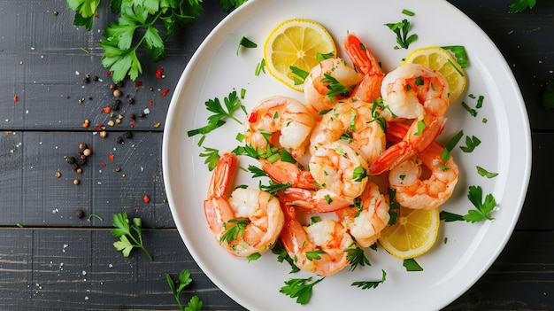 Top view of a beautifully plated shrimp steak garnished with fresh herbs and lemon slices on a white plate The vibrant colors contrast with a dark wooden table